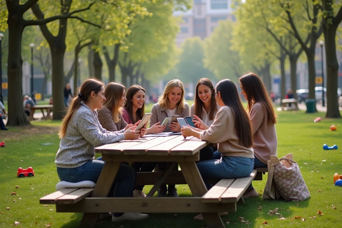 Groupe de femmes discutant dans un parc urbain en plein air
