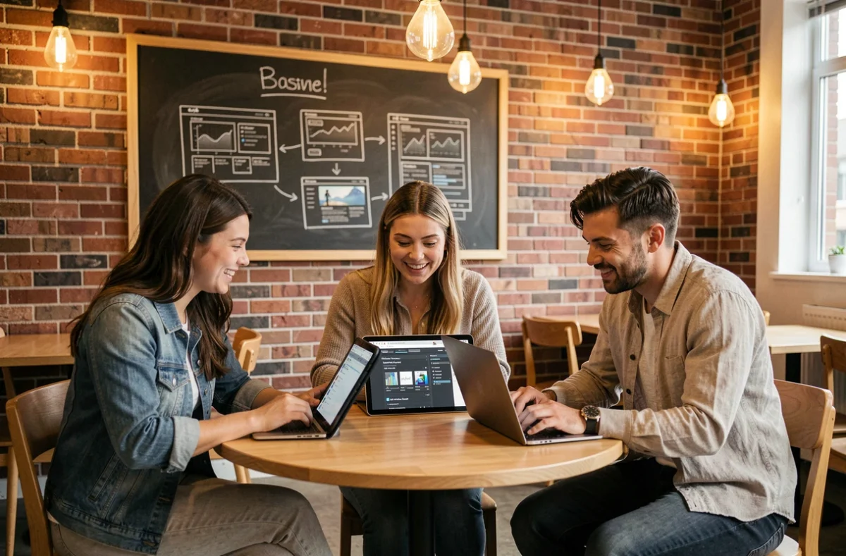 Groupe de jeunes professionnels collaborant sur des ressources numériques pour développer leur présence en ligne dans un espace créatif