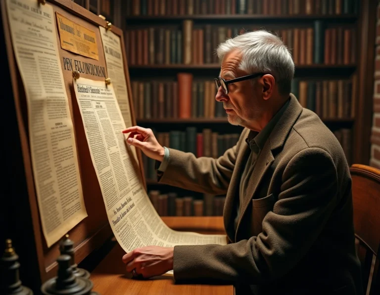 Historien examinant une affiche commerciale française du XIXe siècle dans une salle d'archives ancienne