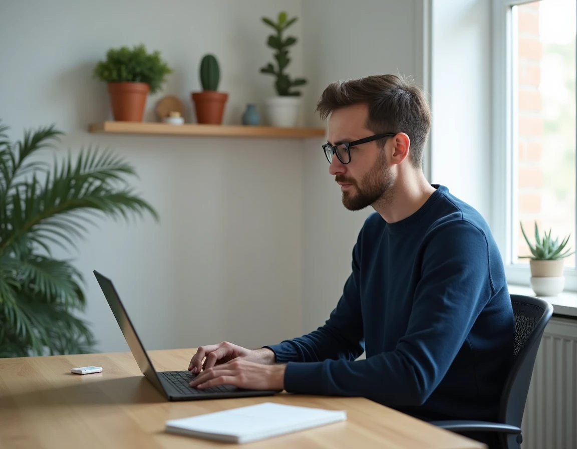 Homme vérifiant le statut de son virement Vinted sur ordinateur portable depuis un bureau à domicile