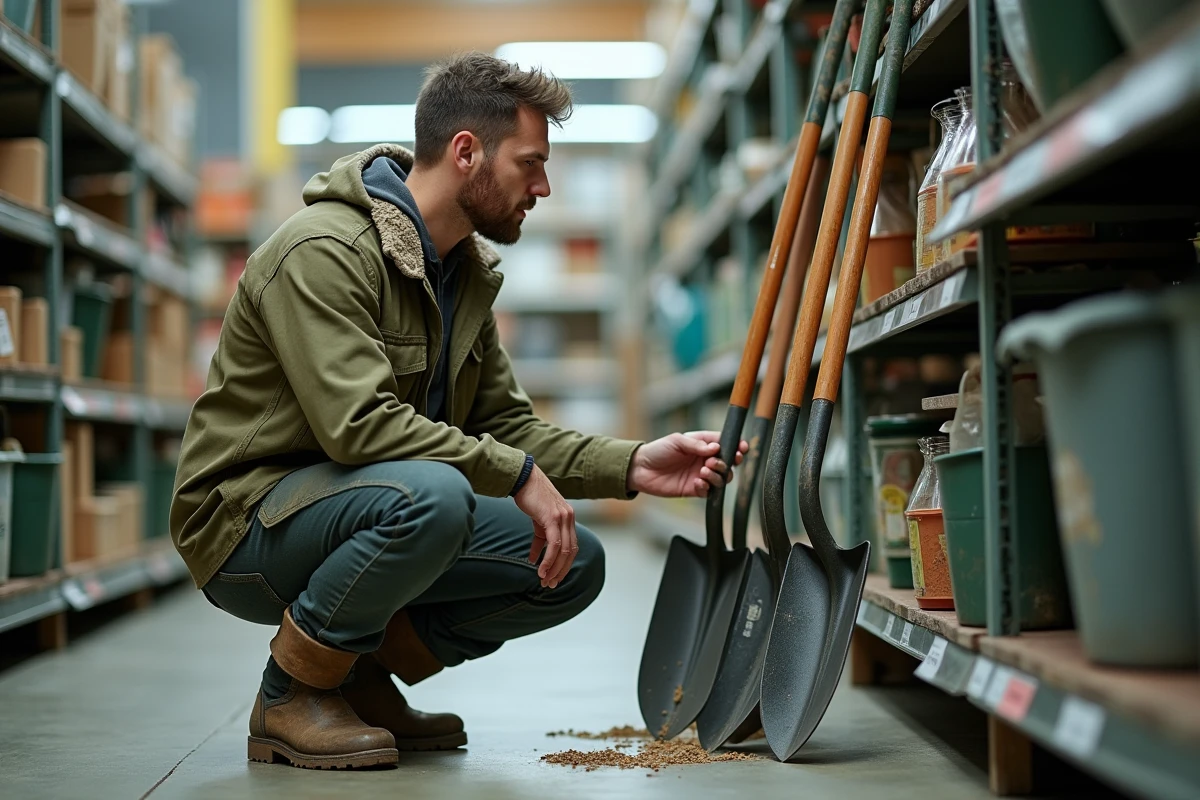 Homme comparant des bêches ergonomiques dans un rayon de jardinerie en 2024