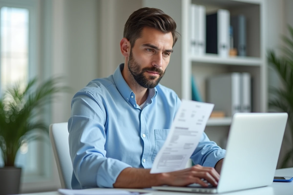 Homme effectuant une demande de remboursement mutuelle en ligne au bureau