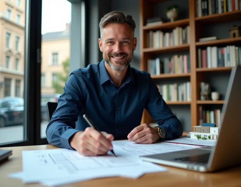 Homme consultant des documents immobiliers sur un bureau moderne pour investir sans apport financier