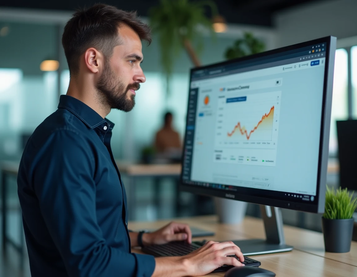 Homme en open space professionnel consultant un site de partage de ressources numériques sur un grand écran de bureau