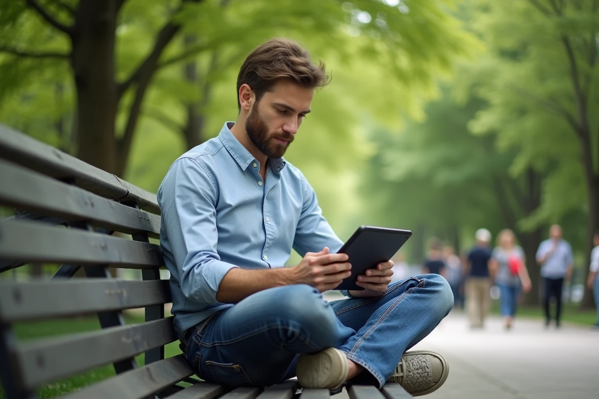 Homme travaillant sur une tablette dans un parc verdoyant