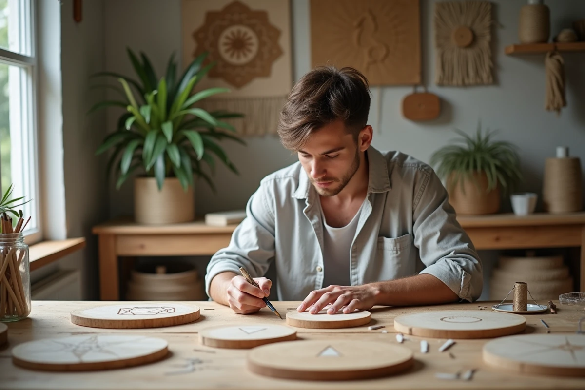 Jeune homme peignant des motifs géométriques sur des décorations murales