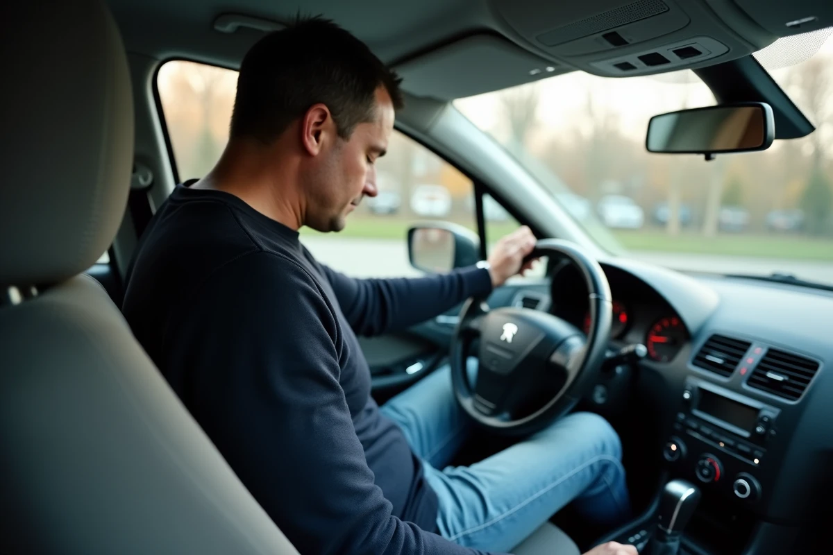 Homme moyenâgeux dans une Peugeot 407 interactant avec le tableau de bord