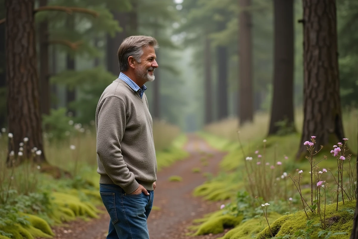 Homme en randonnée dans une forêt verdoyante