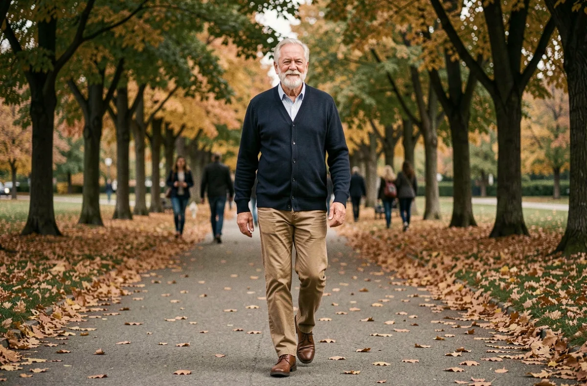 Homme retraité marchant dans un parc en automne pour rester en bonne santé