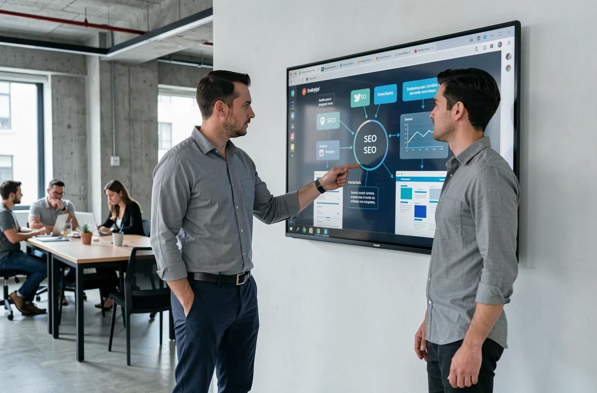 Homme présentant une stratégie de présence en ligne avec des outils numériques sur un écran interactif dans un espace de coworking