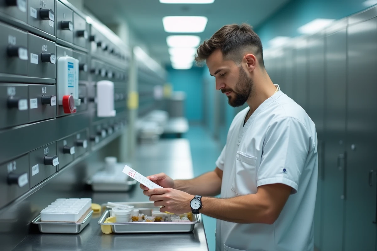 Infirmier préparant des médicaments avec soin au poste de soins d'un hôpital