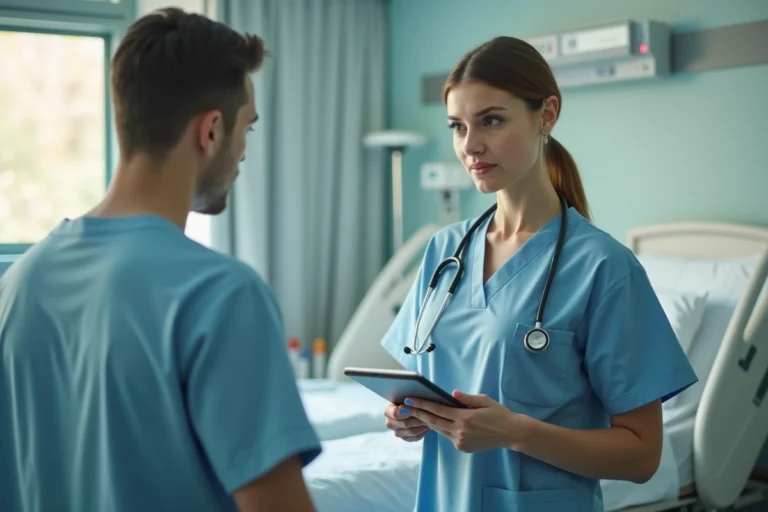 Infirmière consultant le dossier médical d'un patient sur une tablette dans un service hospitalier moderne