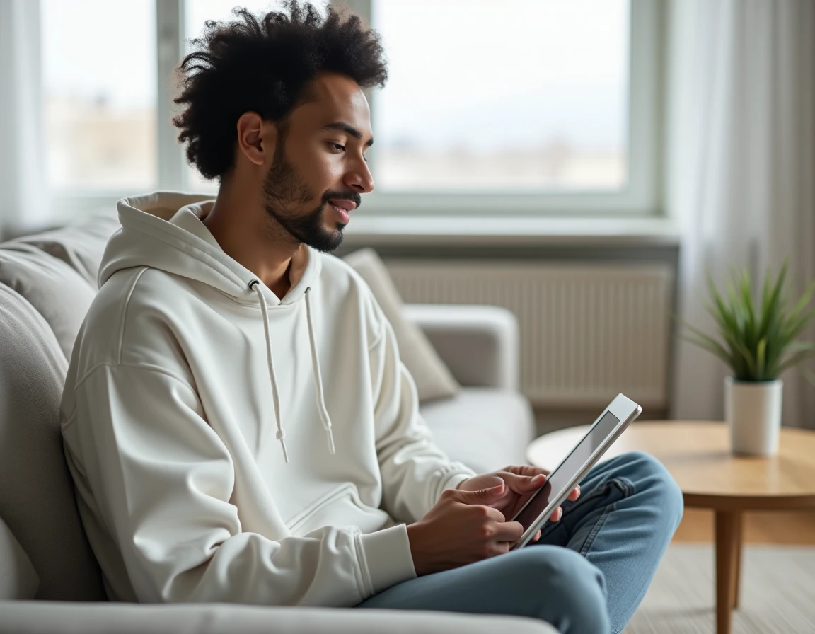 Jeune adulte assis sur un canapé utilisant une tablette pour explorer un site de téléchargement et de partage de fichiers