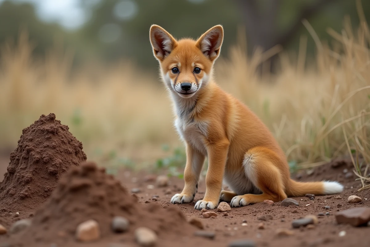 Jeune dingo près de termitières dans la forêt sèche
