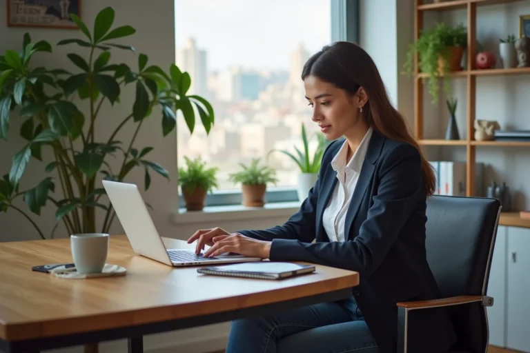 Jeune femme professionnelle travaillant sur un site web dans un bureau moderne