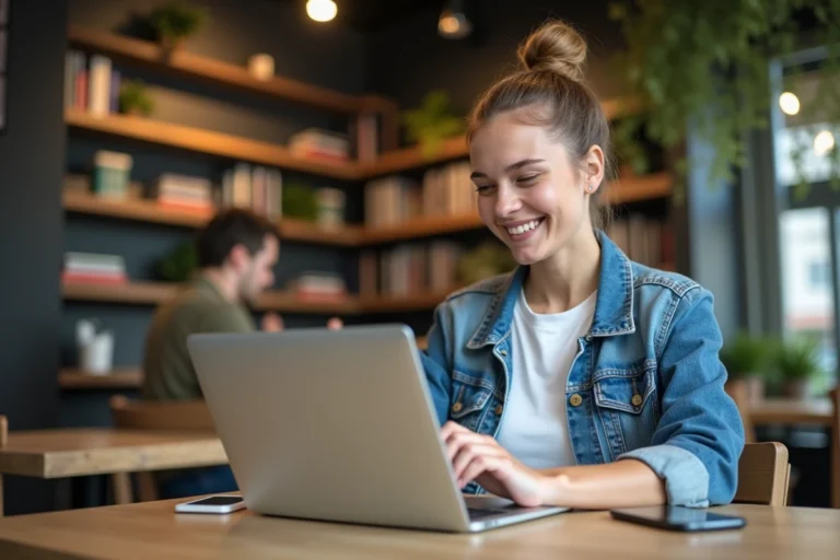 Jeune femme souriante dans un café moderne avec ordinateur portable
