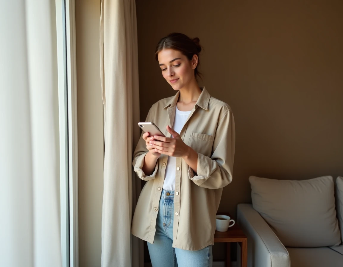 Jeune femme lisant une notification sur son téléphone concernant un retard de virement Vinted Mangopay dans son salon