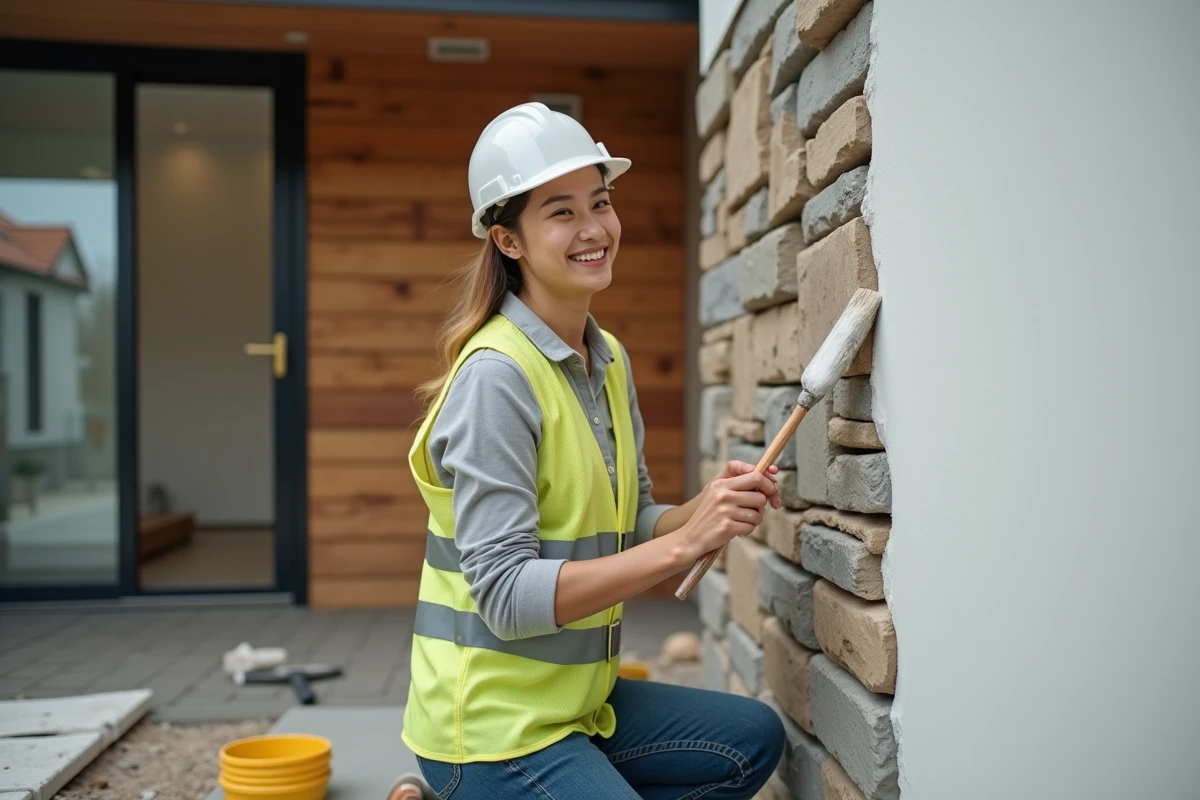 Jeune femme en travail de peinture sur un mur neuf extérieur