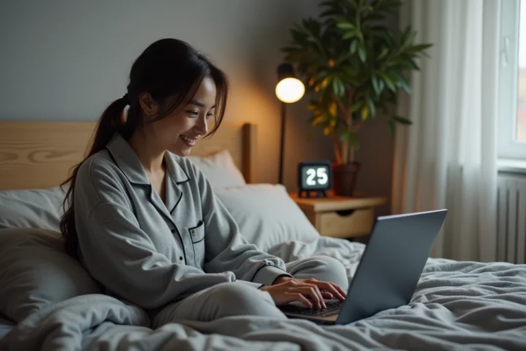Jeune femme en pyjama gris utilisant un ordinateur pour calculer l'heure de sommeil