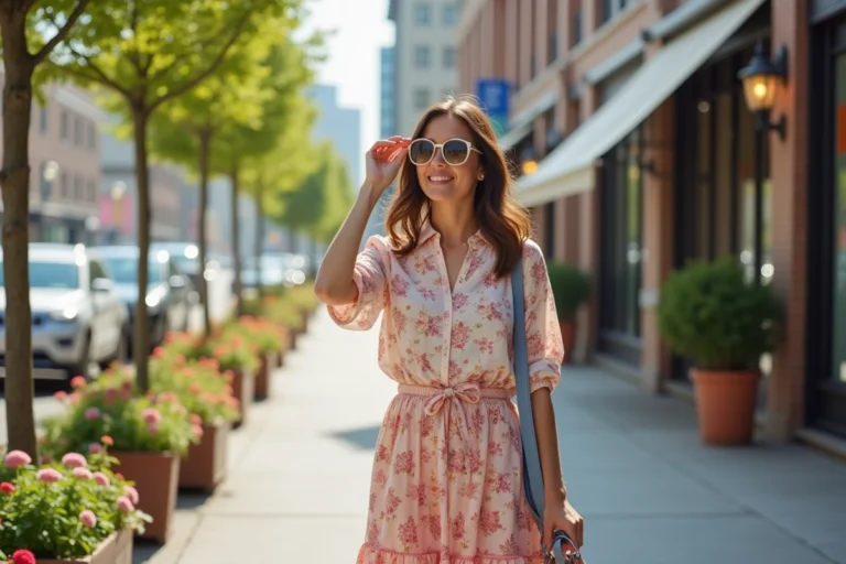 Jeune femme souriante en ville avec jupe florale et sac coloré