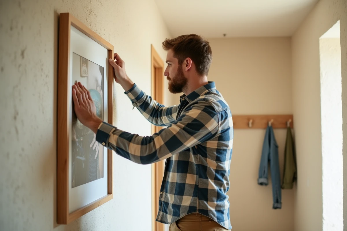 Jeune homme fixant une photo sur un mur en crepi