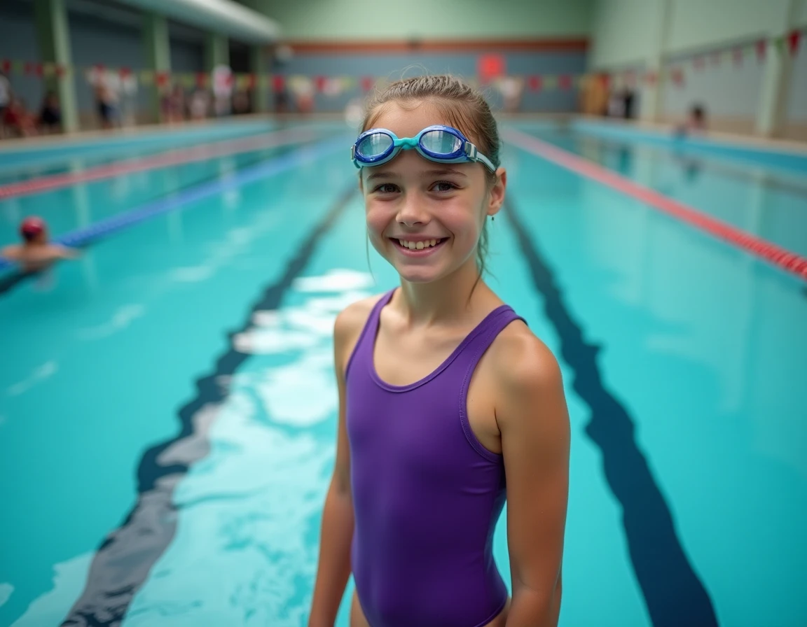 Jeune nageuse au bord d'une piscine olympique intérieure après l'entraînement, illustrant la natation parmi les disciplines sportives pour tous les âges