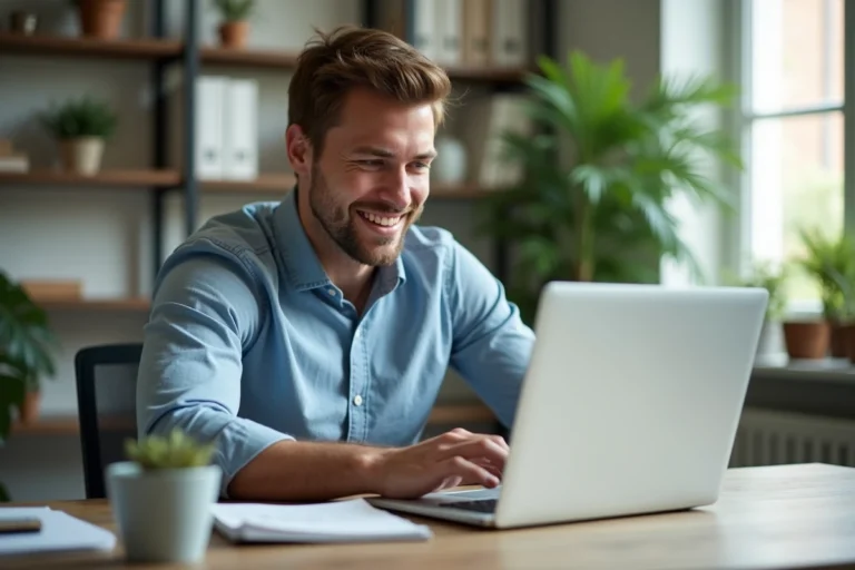 Jeune homme concentré travaillant sur son ordinateur dans un bureau lumineux