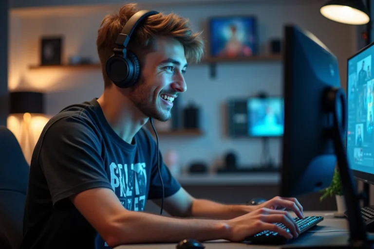 Jeune homme souriant en streaming devant son ordinateur