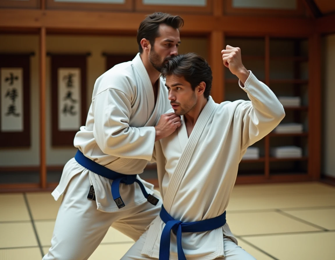 Deux judokas s'entraînant dans un dojo traditionnel, représentant la diversité des disciplines sportives de combat accessibles à tous