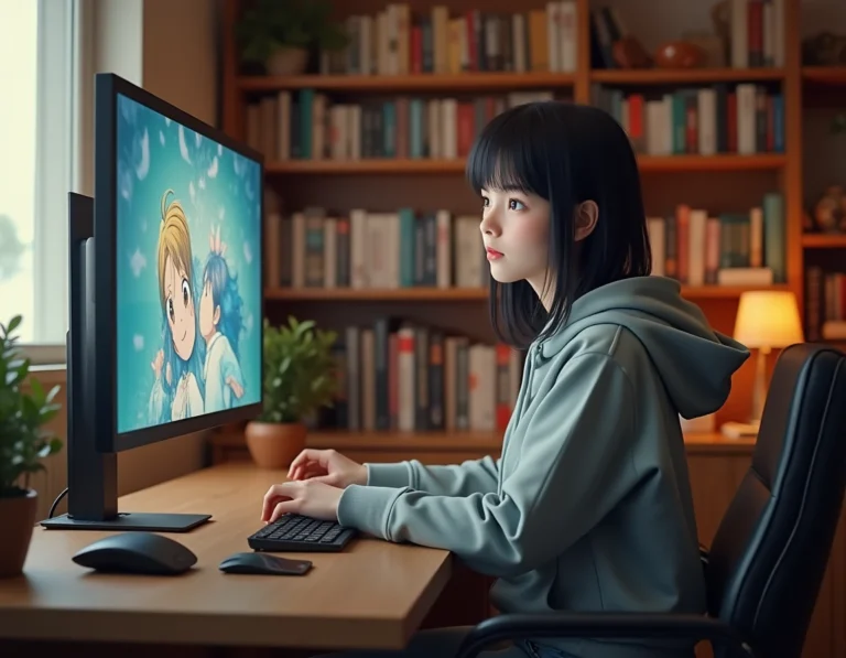 Jeune femme parcourant des sites de manga en ligne sur un ordinateur de bureau dans un bureau à domicile cosy
