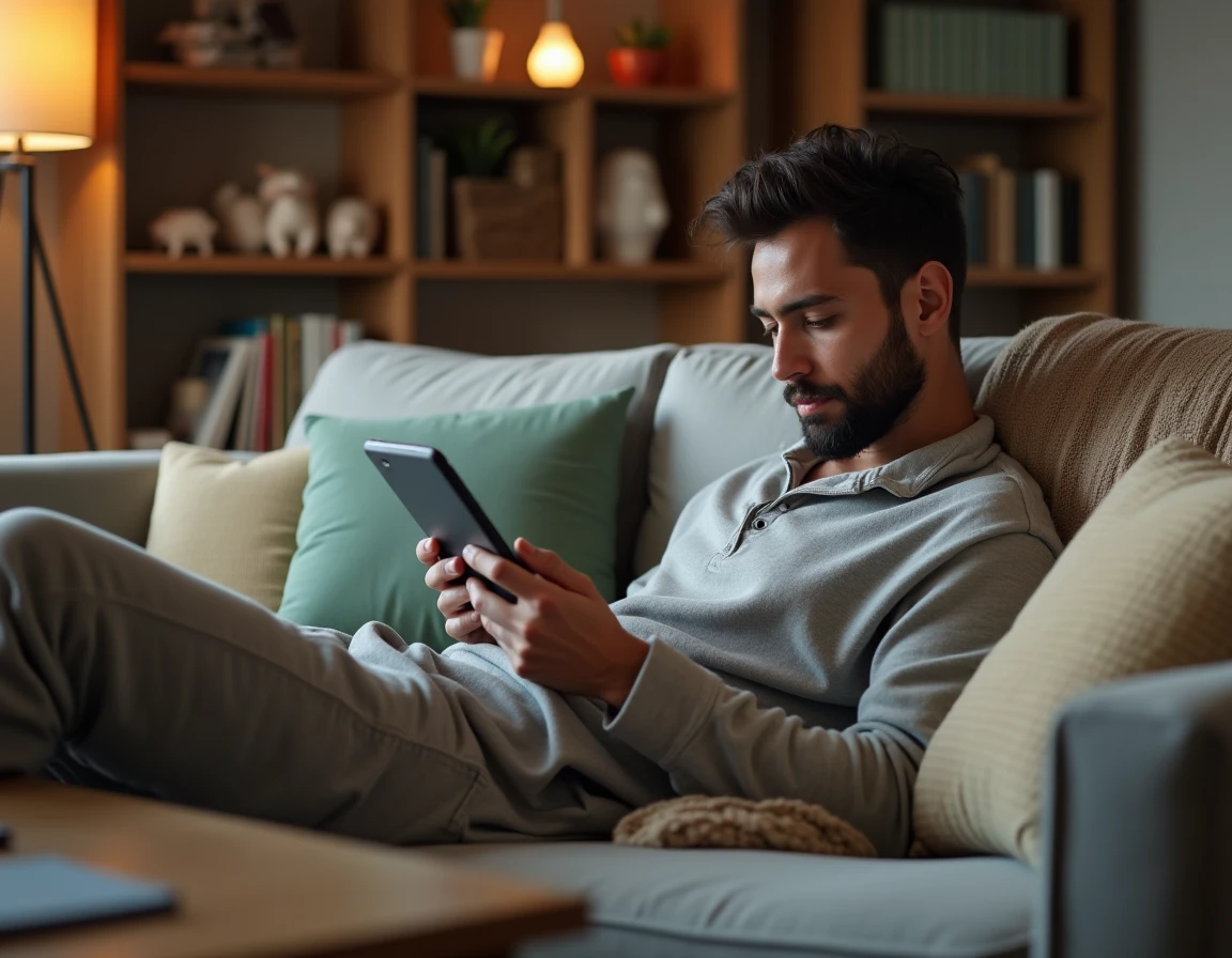 Homme lisant des mangas sur une tablette confortablement installé dans un salon moderne
