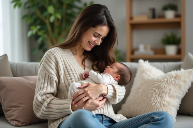 Jeune maman souriante avec son bébé dans un salon chaleureux