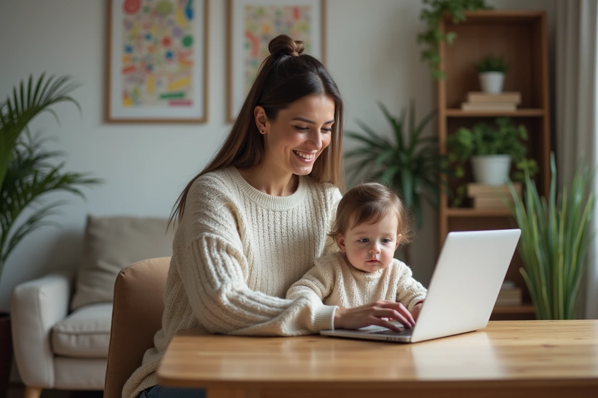 Femme avec enfant à la maison travaillant sur un ordinateur portable