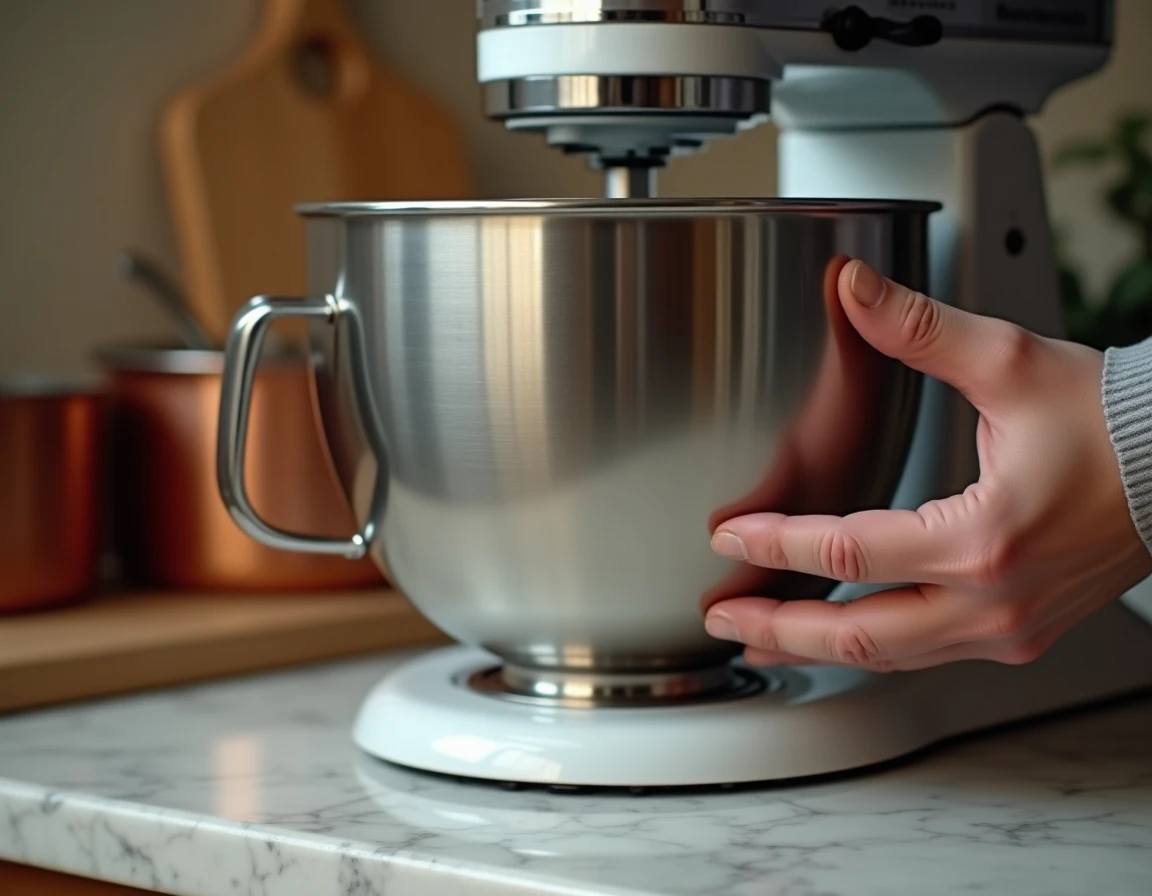 Gros plan sur le mécanisme de verrouillage du bol d'un robot Kenwood avec main masculine effectuant une rotation pour retirer le bol