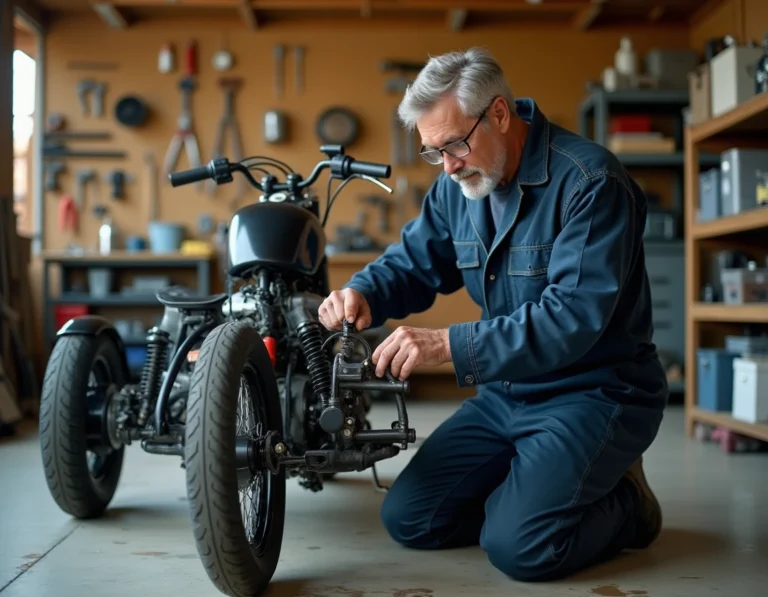 Mécanicien installant un kit de transformation trike sur une moto dans un atelier mécanique professionnel