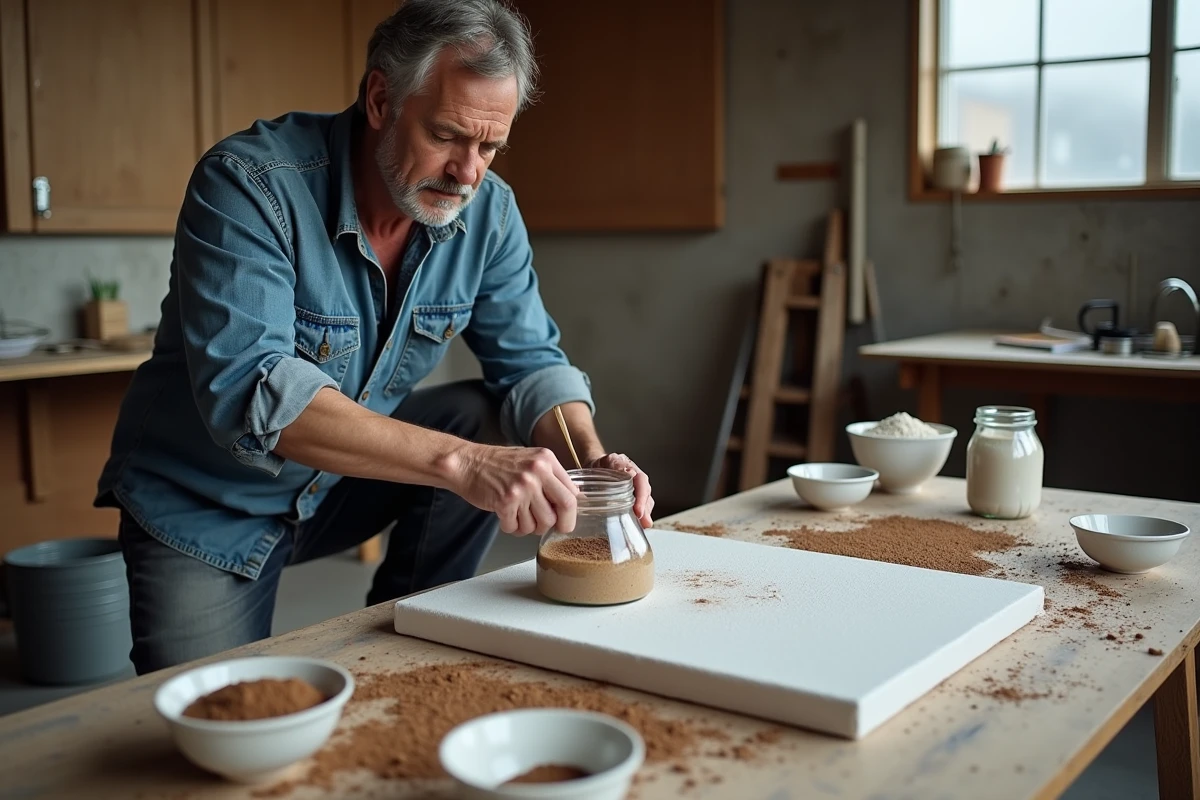 Homme mélangeant du sable et du marc de café dans un médium acrylique pour créer une texture granuleuse en peinture dans un atelier de garage