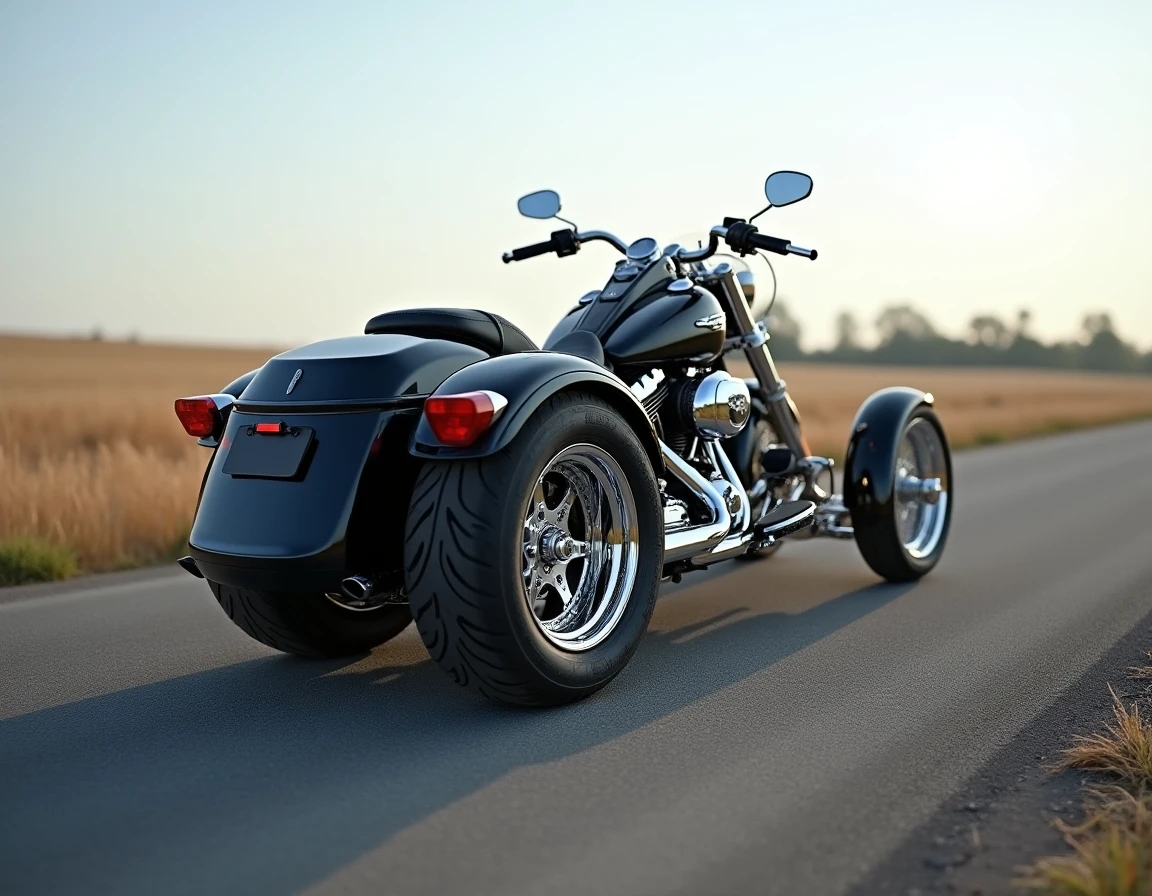 Moto trike transformée avec un kit de conversion stationnée sur une route de campagne vue en angle bas