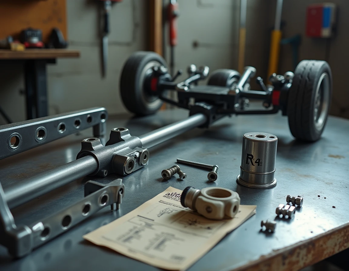 Pièces d'un kit de conversion trike disposées sur un établi avant le montage sur une moto