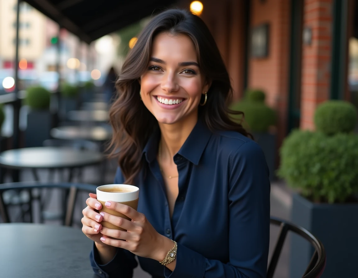 Portrait naturel d'une jeune femme souriante en terrasse de café, compagne d'un footballeur professionnel
