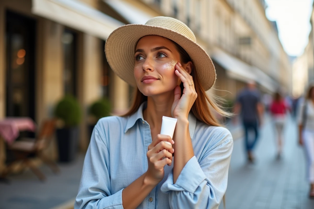 Femme appliquant de la crème solaire en extérieur pour protéger sa peau après un laser vasculaire