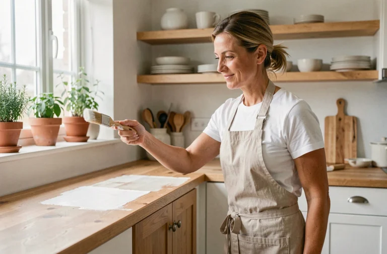Femme rénovant un meuble de cuisine en appliquant de la peinture blanche avec soin, ambiance intérieure chaleureuse et moderne