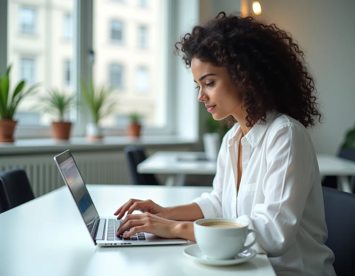 Femme concentrée cherchant une solution à une erreur de connexion sur son ordinateur portable dans un espace de coworking