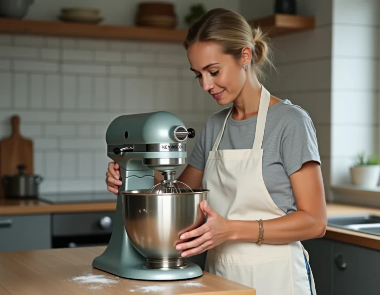 Femme retirant le bol d'un robot pâtissier Kenwood en appuyant sur le mécanisme de déverrouillage dans une cuisine moderne