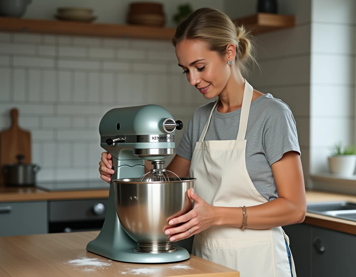 Femme retirant le bol d'un robot pâtissier Kenwood en appuyant sur le mécanisme de déverrouillage dans une cuisine moderne