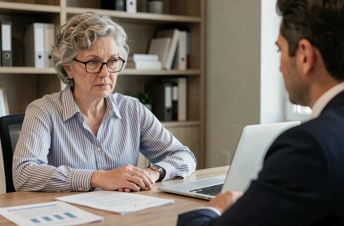 Femme retraitée en rendez-vous avec un conseiller financier pour planifier sa retraite