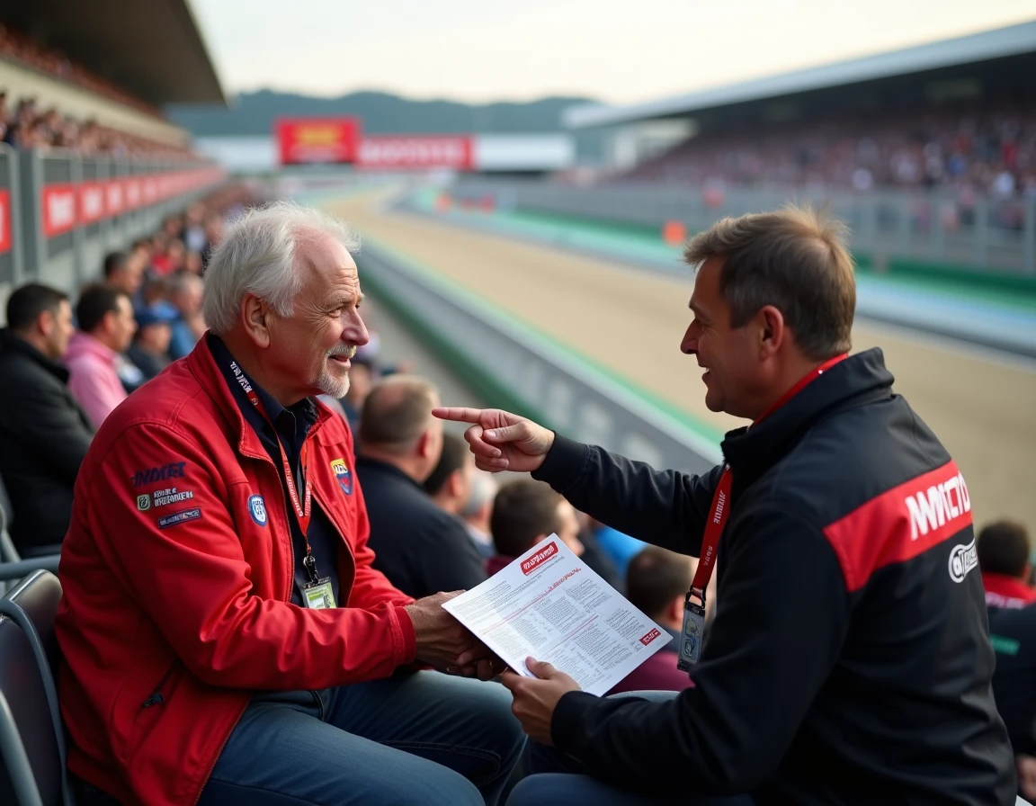 Deux supporters MotoGP dans les tribunes d'un circuit consultant le programme de course en direct